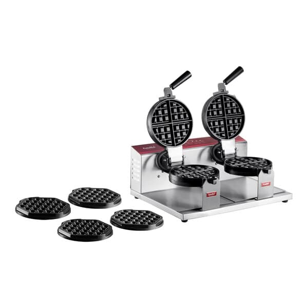 A Estella double Belgian waffle maker with bubble waffle plates on a counter with waffles on top.