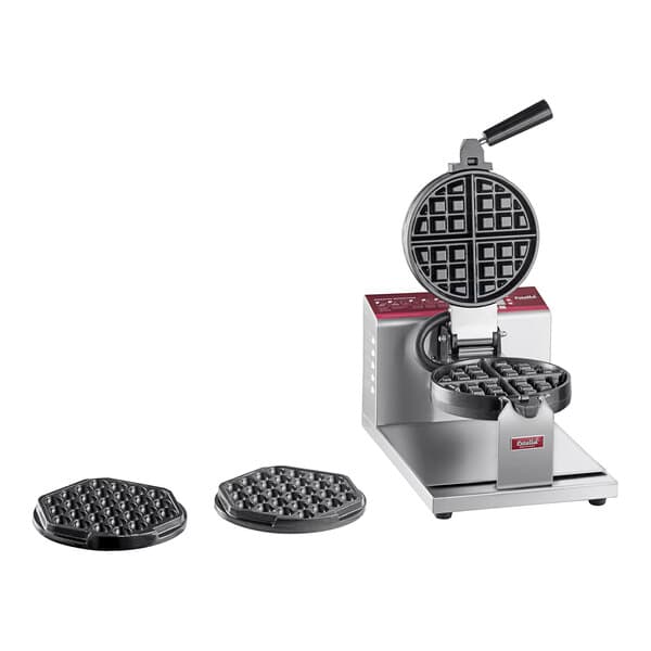 A black Estella Belgian waffle maker with bubble waffle plates.