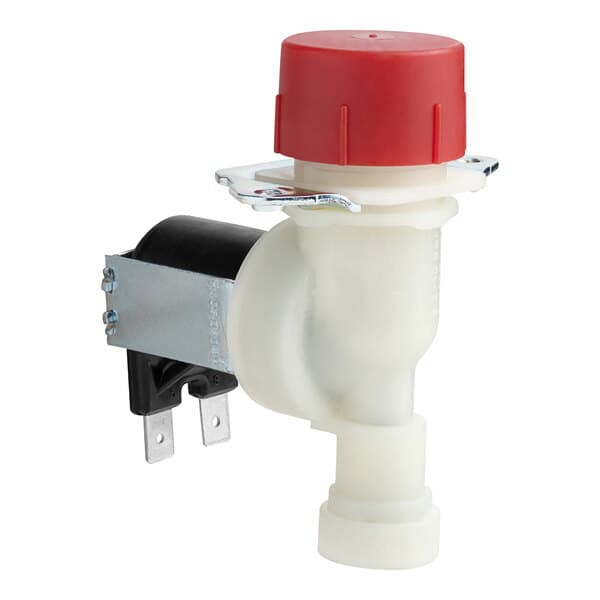 A white and red plastic Estella Caffe solenoid valve with a red cap.