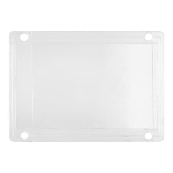A clear rectangular object with a white border and a hole in the middle.