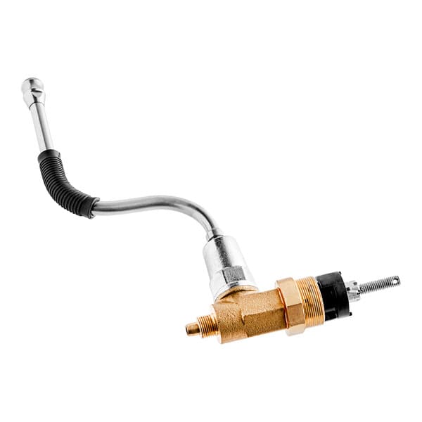 A metal pipe with a gold and black hose attached to a pressure valve.