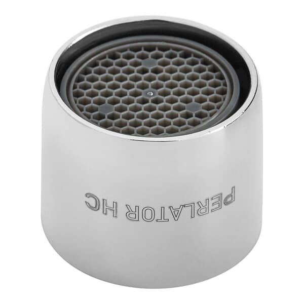 A round silver water outlet mesh with a round hole and hexagon pattern on the back.