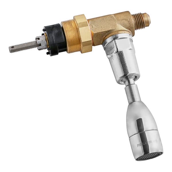 A close up of a brass and gold Estella Caffe hot water tap assembly.