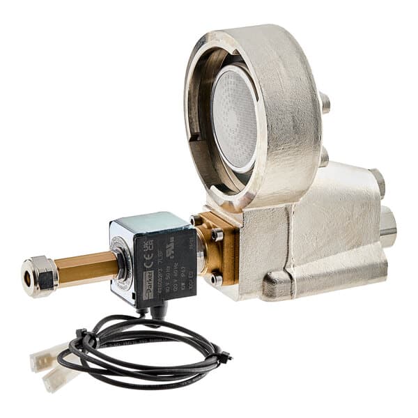 A close-up of a Estella Caffe Group Head Assembly with a metal valve and wire.