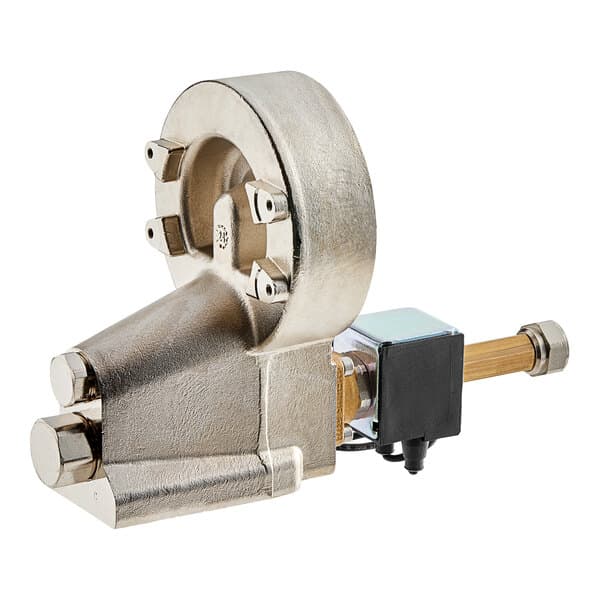 A metal Estella Caffe group head assembly with a round metal piece and a metal tube.