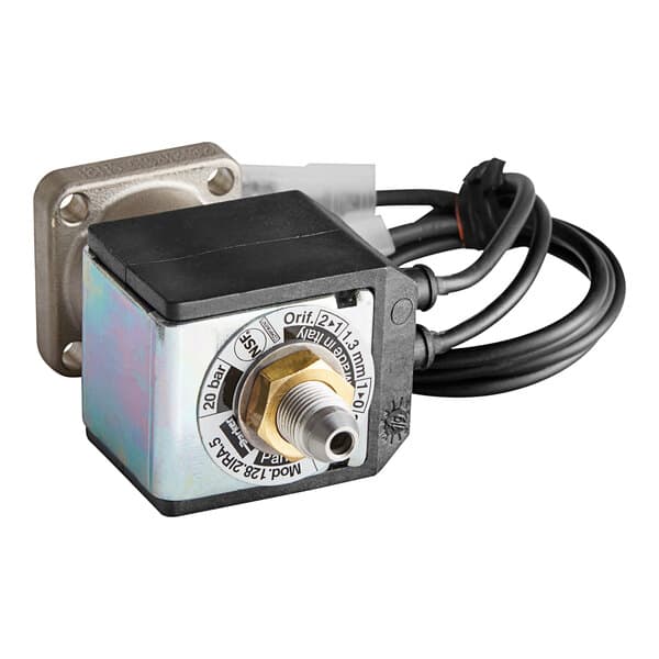 A close-up of an Estella Caffe solenoid valve with a black and silver metal piece and a wire attached.