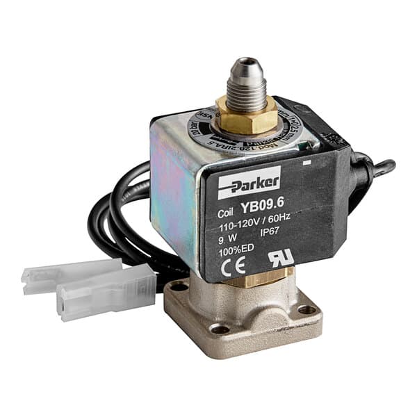 A close-up of Estella Caffe solenoid valve with wires attached.