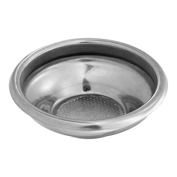 A stainless steel Estella Caffe coffee filter with a hole in the middle.