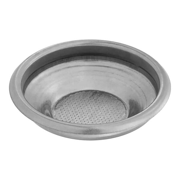 A silver stainless steel Estella Caffe small coffee strainer with a hole in the middle.