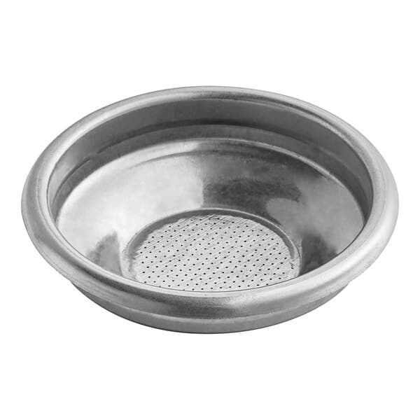 A close-up of a stainless steel Estella Caffe portafilter bowl with holes.
