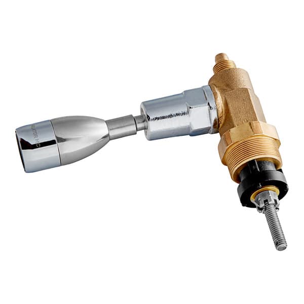 A close-up of a brass and silver Estella Caffe hot water faucet assembly.