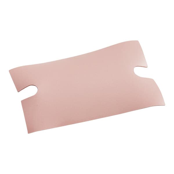 A pink rectangular piece of paper with two holes.