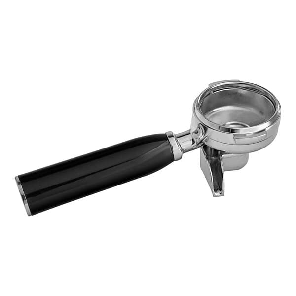 A black and silver Estella Caffe filter holder assembly with a nozzle.