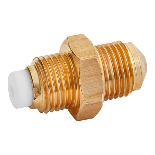 A close-up of a brass Estella Caffe heat exchanger injector assembly fitting with white threads.