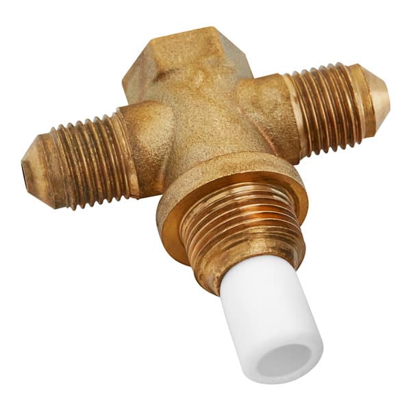 A brass 3-way fitting for Estella Caffe coffee machines with white pipes.