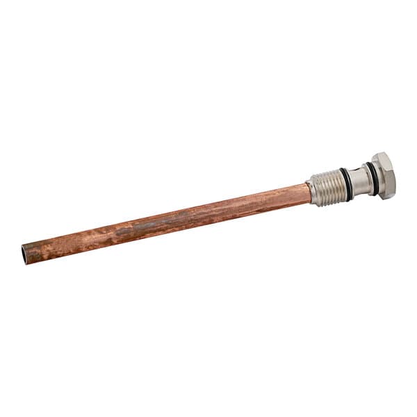 A copper pipe with a metal nut on the end.
