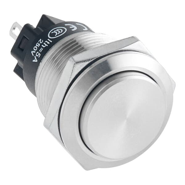 A stainless steel push button with a white background.