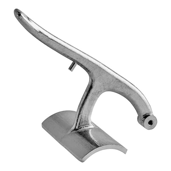 A silver metal curved lever with a screw.