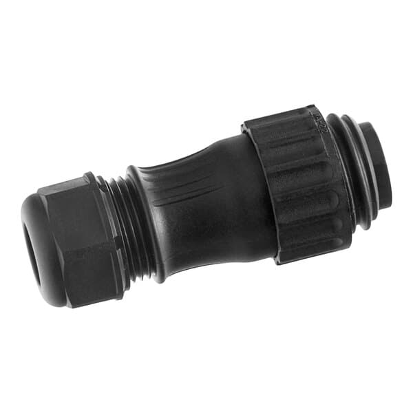 A black plastic Estella male connector for a cheese grater hose.