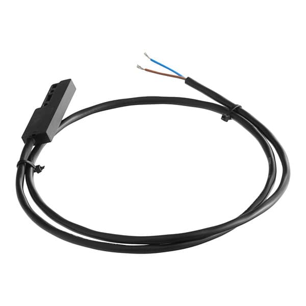 A black wire with a black connector attached to a black sensor magnet.