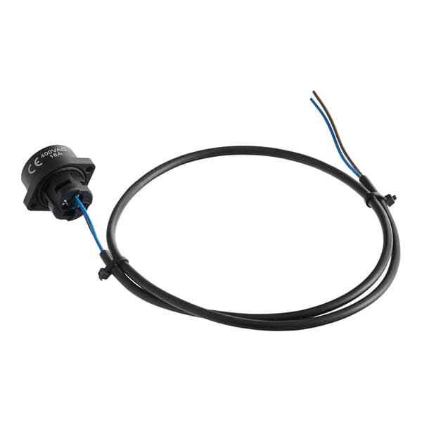 A black round Estella female connector with blue and black wires.
