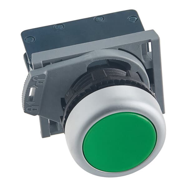 A green button with a black box on a white background.