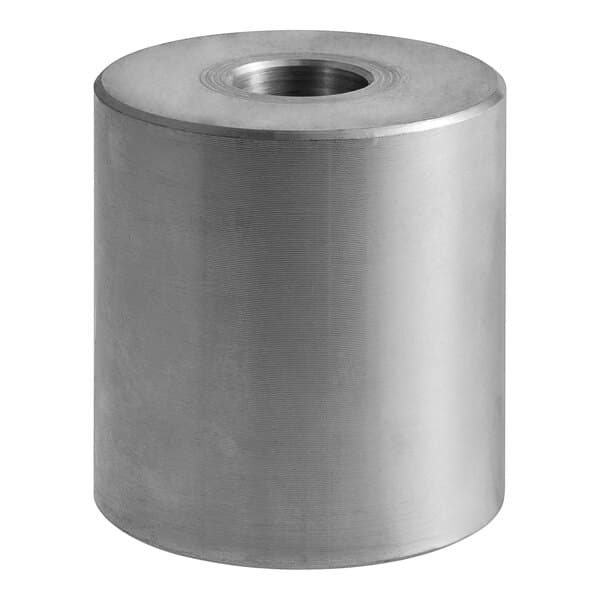 A silver stainless steel cylinder with a hole in the middle.