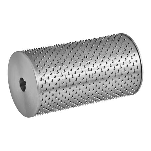 A close-up of a stainless steel Estella drum roller with spikes on it.