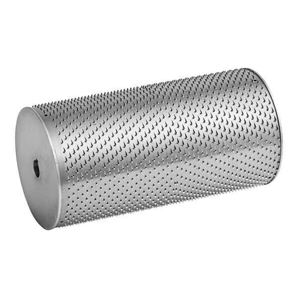 A metal cylinder with a stainless steel mesh filter and holes.