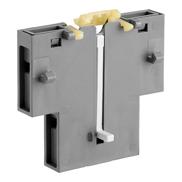 A grey plastic Estella contactor with white and yellow plastic connectors.