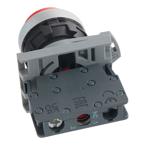 A black and grey Estella cheese grater stop button with a red button.