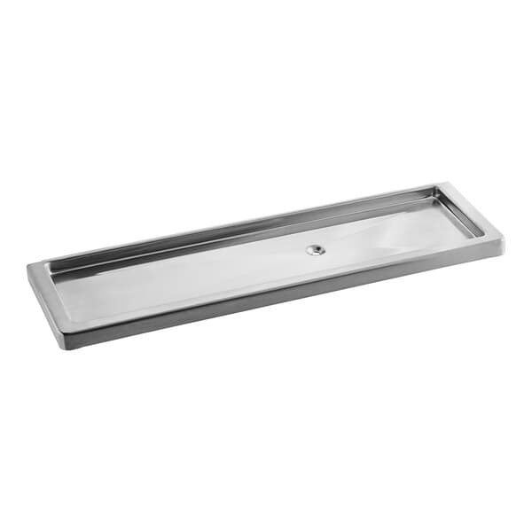 A rectangular silver stainless steel drain pan for a coffee machine with a hole.