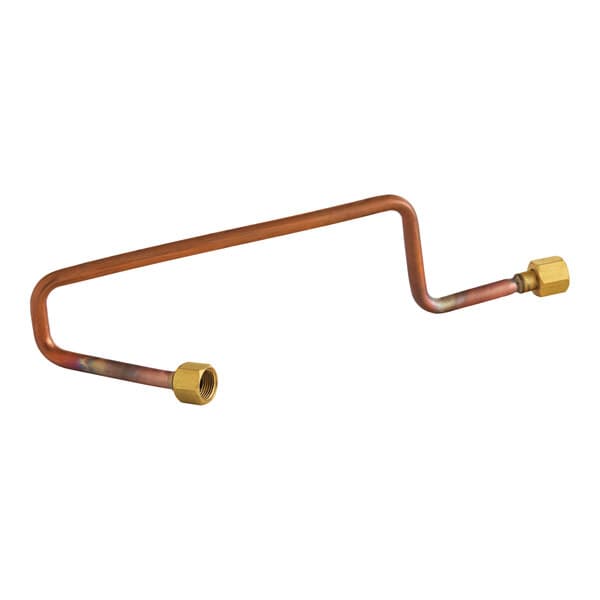 A copper boiler water outlet tube with two brass fittings.