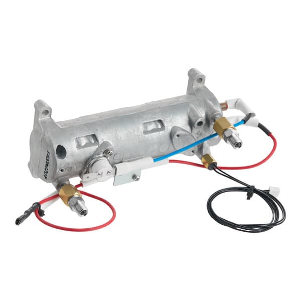 A metal heating block component with attached wires and connectors, designed for use in Estella Caffe ECMSA08 machines.