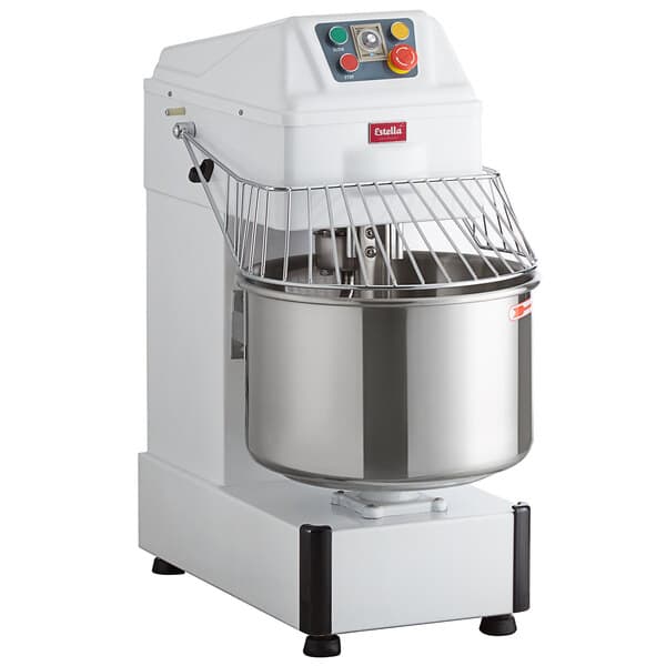 An Estella 30 qt. spiral dough mixer with a metal bowl on top.