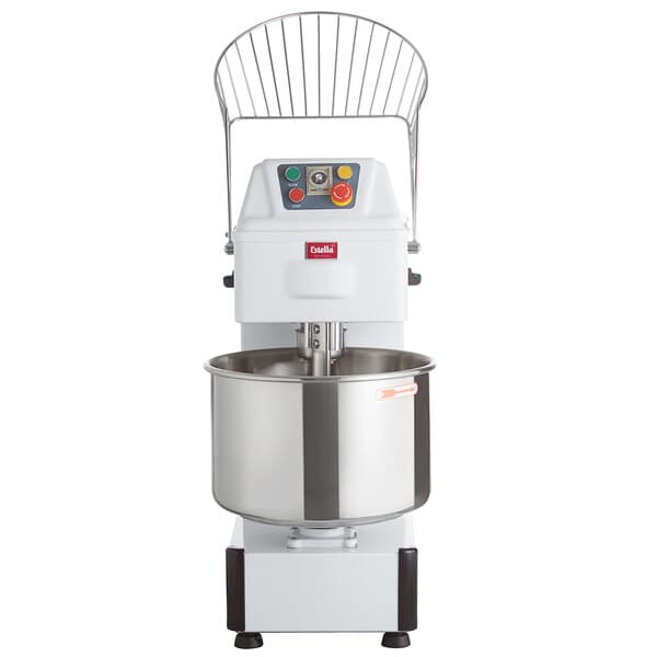 An Estella two-speed spiral dough mixer with a large white bowl on top.