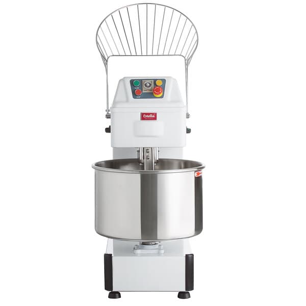 An Estella 40 qt. spiral dough mixer on a metal stand with a metal bowl.