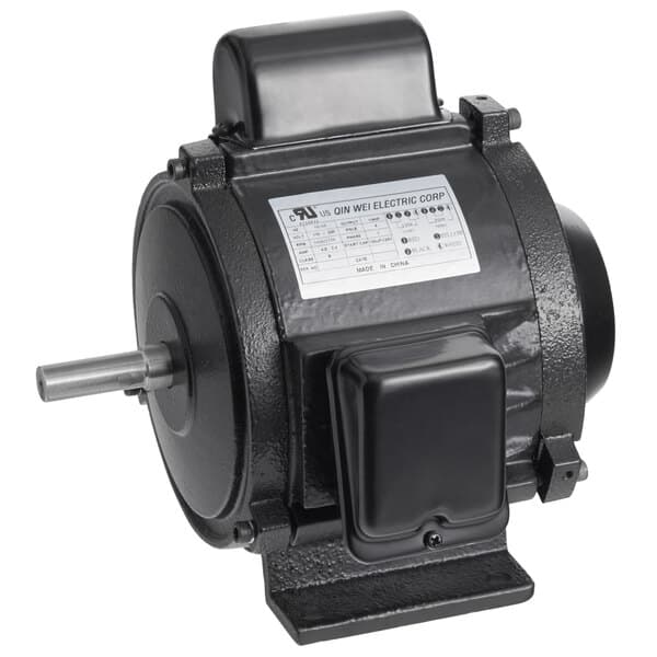 A black electric motor with a white label.