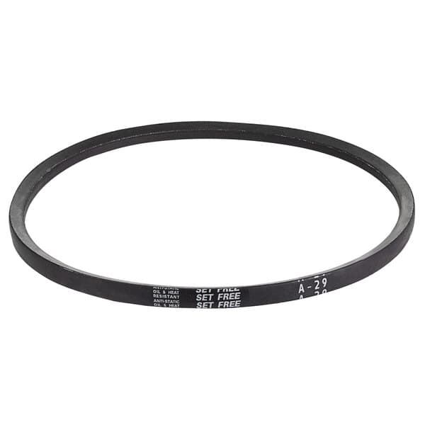 A black circular drive belt with white text.