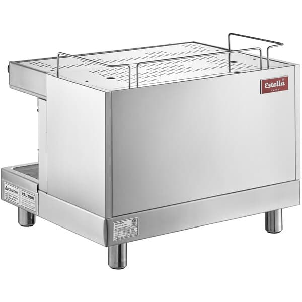 A large rectangular stainless steel Estella Caffe espresso machine with a metal frame.