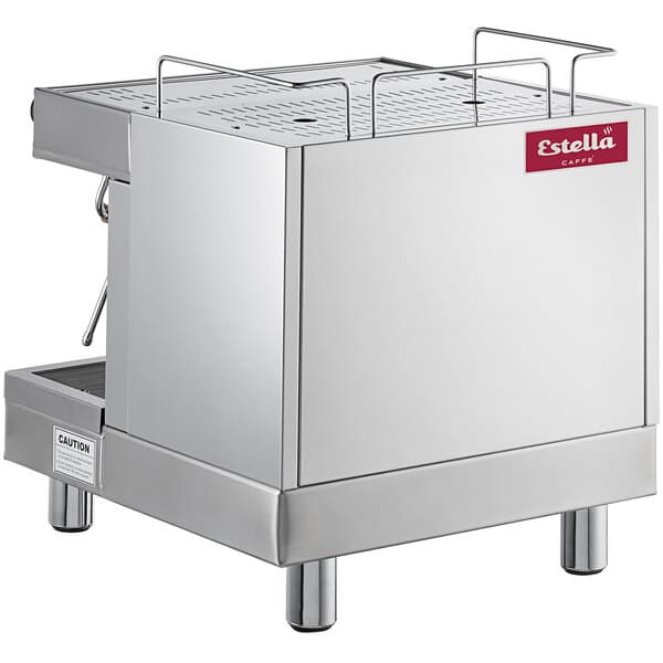 An Estella Caffe one group automatic espresso machine with a stainless steel body and a red lid.