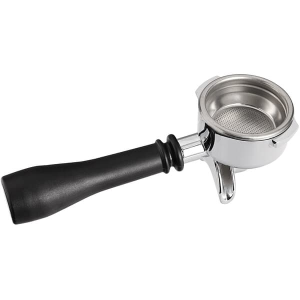 A stainless steel Estella Caffe portafilter with a black handle.