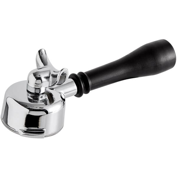 A silver and black Estella Caffe double spout portafilter.