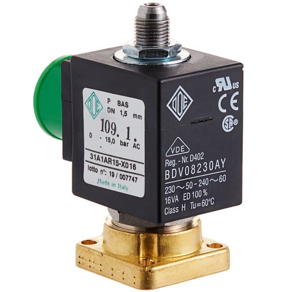 A black square with a green handle and a green and black sign on a green and black pressure valve for Estella Caffe espresso machines.