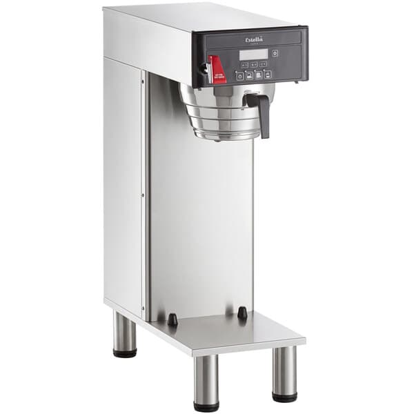 A silver Estella Caffe automatic single shuttle coffee maker with a stainless steel base and black and grey accents.