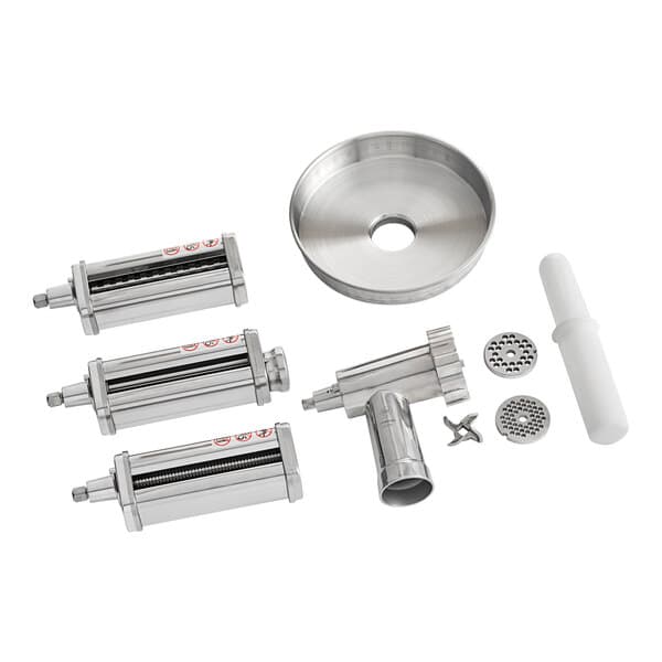 A group of stainless steel metal parts including a meat grinder and pasta roller for an Estella mixer hub.