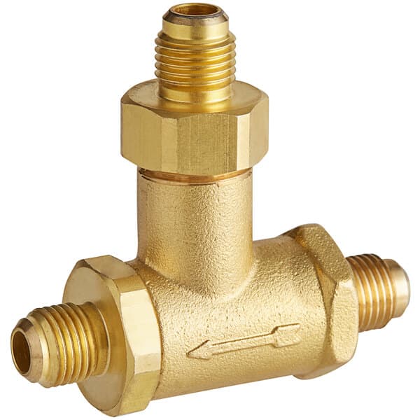 A brass Estella Caffe three way valve with a brass pipe and nut.