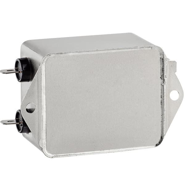 A silver rectangular Estella Caffe EMI filter with two wires.