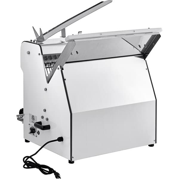 A white Estella countertop bread slicer with a lid open.