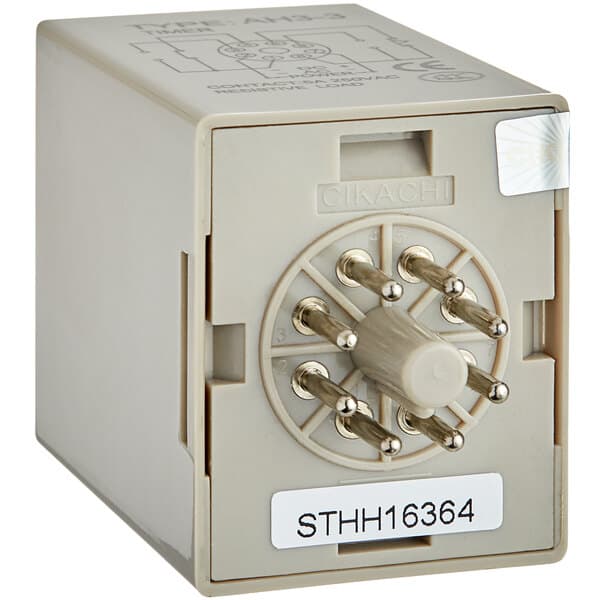 A white box with a round metal knob and metal pins for an Estella Timer.